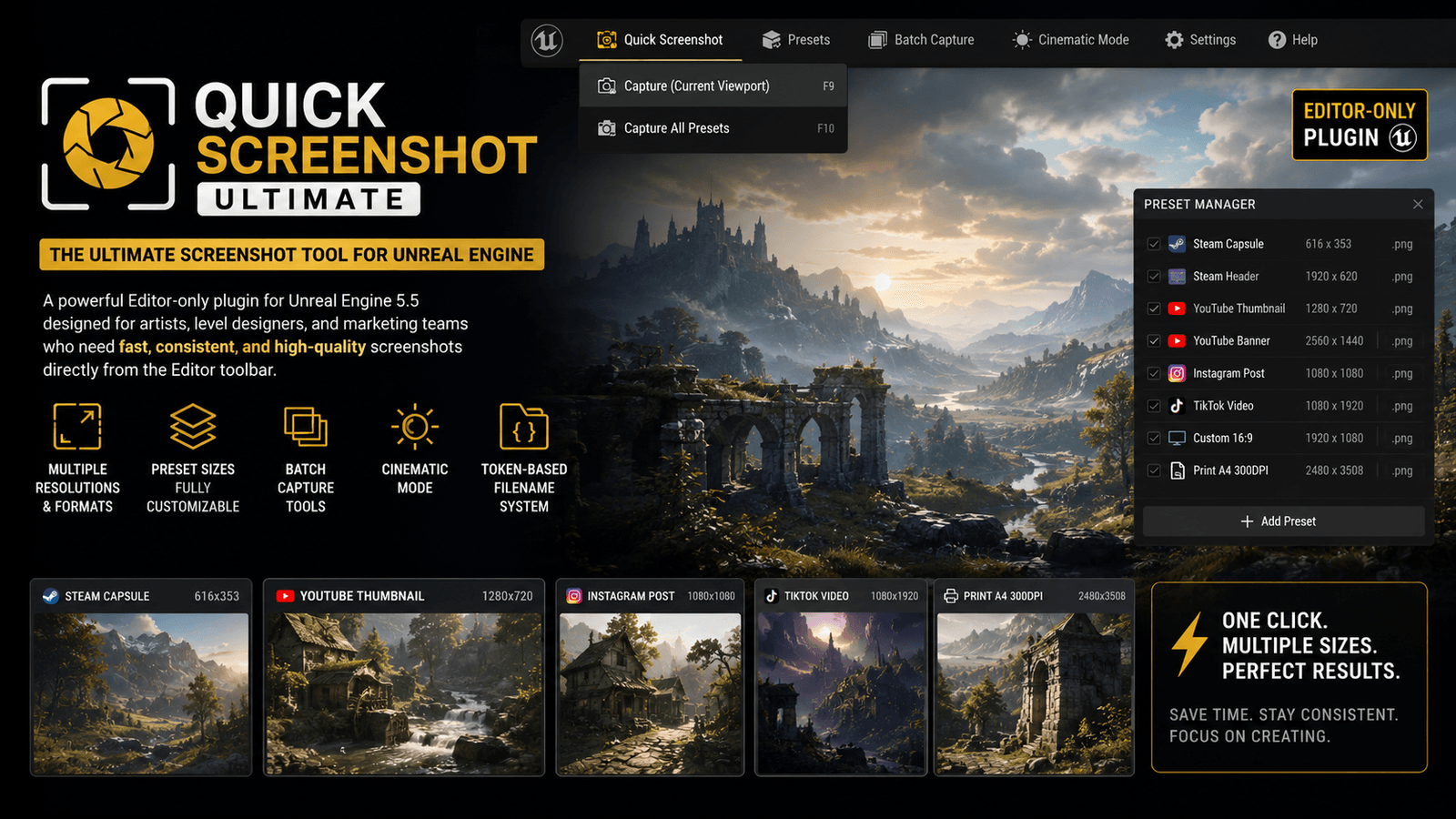 Quick Screenshot Ultimate — UE5 Editor Plugin Marketing Keyart